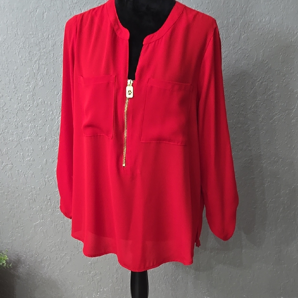 Michael Kors Red Relaxed Blouse with Mandarin Collar